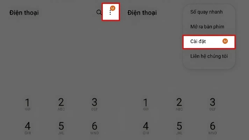 Mở ứng dụng Điện thoại, nhấn vào biểu tượng ba chấm ở góc trên bên phải, sau đó chọn Cài đặt