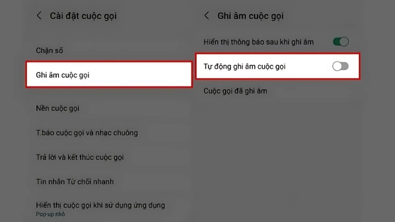 Gạt công tắc để bật Tự động ghi âm cuộc gọi