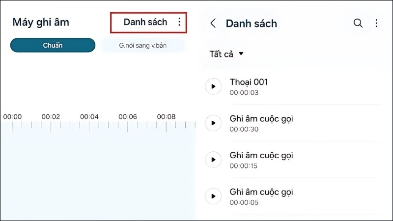 Mở lại ứng dụng Máy ghi âm và chọn mục Danh sách, tất cả file ghi âm của bạn sẽ hiển thị ở đây