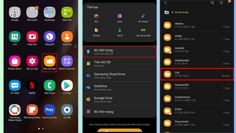 Vào ứng dụng File của bạn > Bộ nhớ trong > Tìm đến thư mục tên là Call
