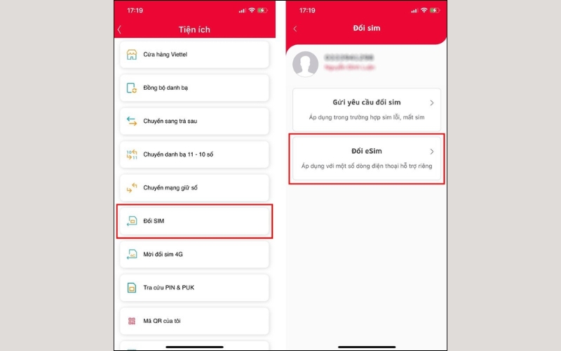 Chọn mục Đổi SIM, nhấn Đổi eSIM