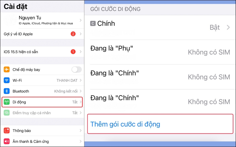 Vào Cài đặt rồi tìm chọn Di động