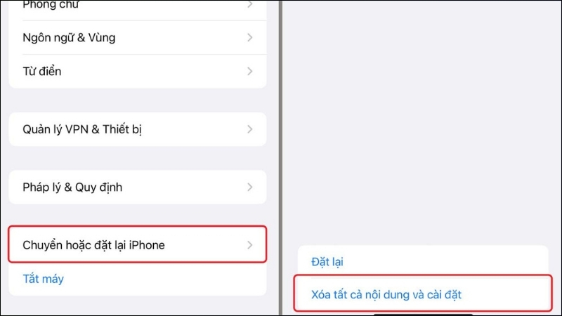 Vào Cài đặt > Cài đặt chung > Chuyển hoặc đặt lại iPhone > Xóa tất cả nội dung và cài đặt