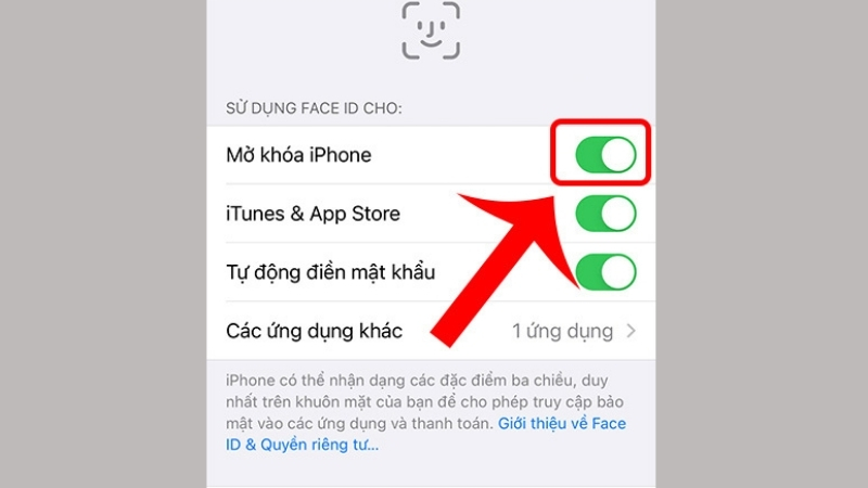 Quay lại mục Face ID & Mật mã và kích hoạt lại tính năng