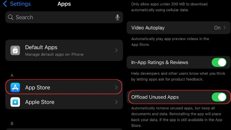 Gỡ bỏ ứng dụng không dùng, Vào Settings > App Store > Offload Unused Apps