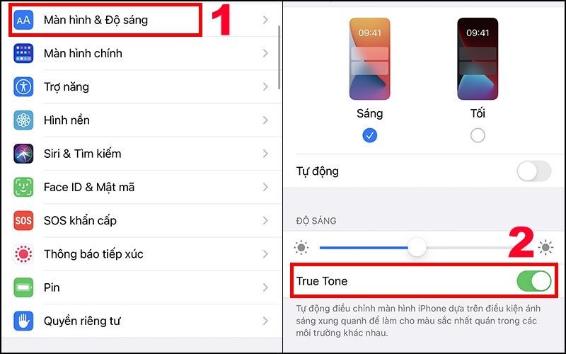 Chọn Màn hình & Độ sáng rồi nhấp vào True Tone