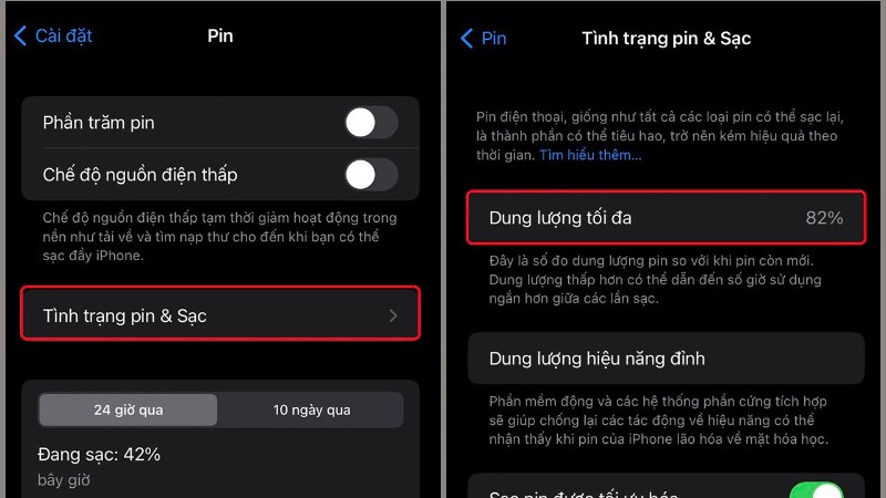 Kiểm tra mục Dung lượng tối đa. Nếu dưới 80%, bạn nên thay pin iPhone mới