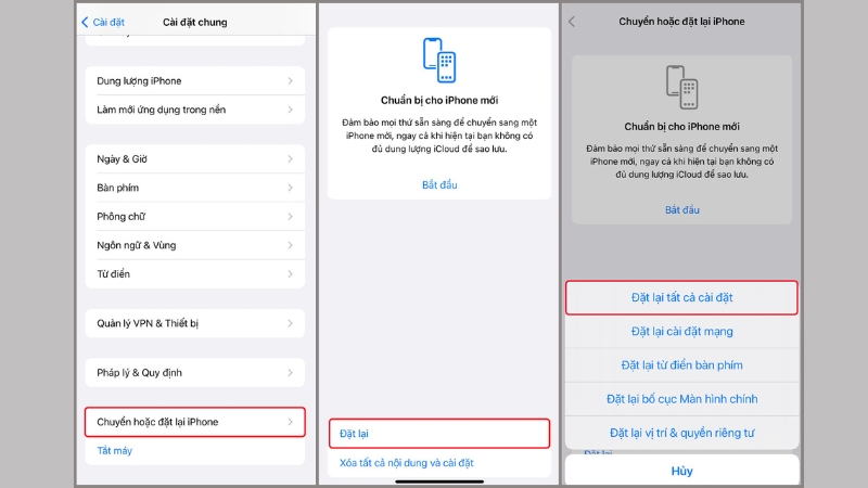 Chuyển hoặc đặt lại iPhone > Đặt lại > Đặt lại tất cả cài đặt