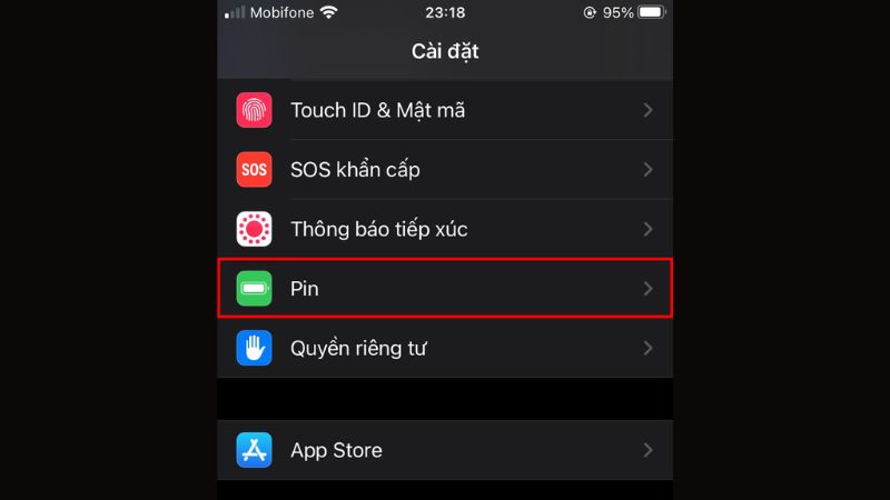 Từ màn hình ứng dụng, truy cập vào Cài đặt và chọn mục Pin