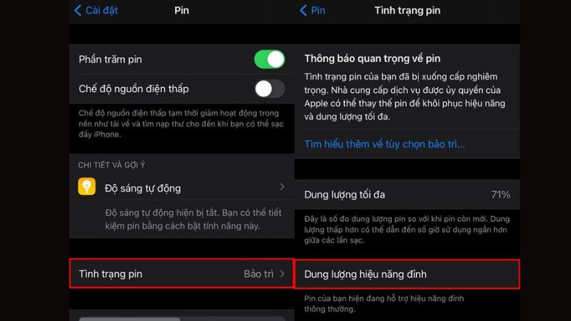 Kiểm tra dung lượng pin tối đa hiện tại