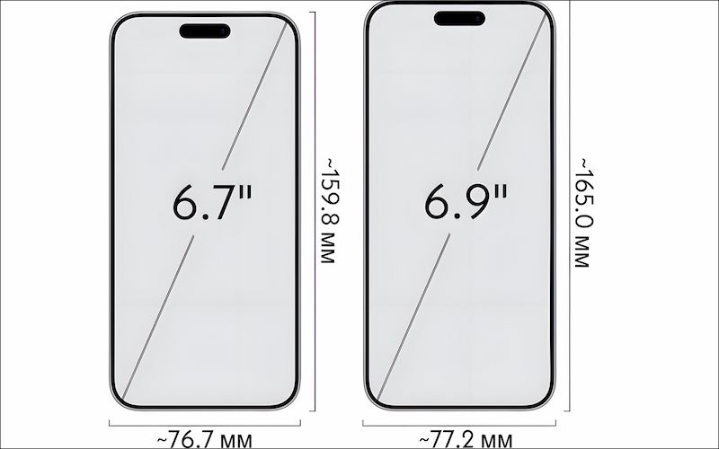 Kích thước màn hình sẽ tăng từ 6.1 inch và 6.7 inch lên 6.3 inch và 6.9 inch cho iPhone 16 Pro và 16 Pro Max