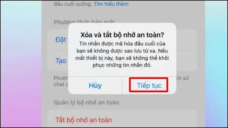 Nhấn Tiếp tục để xác nhận