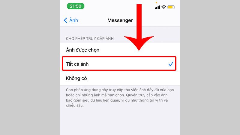 Chọn Tất cả ảnh để cho phép ứng dụng Messenger truy cập vào ảnh trên thiết bị