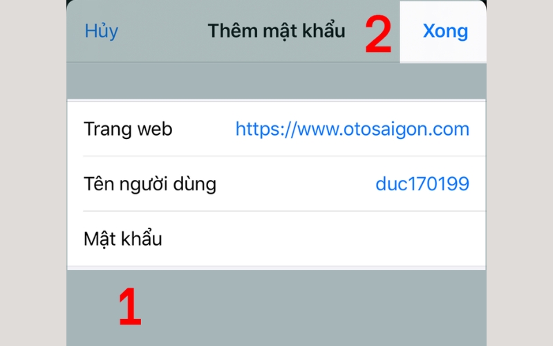 Nhập thông tin của trang web, tên tài khoản và mật khẩu