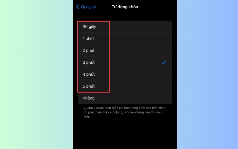 Chọn thời gian bạn muốn màn hình tự động tắt