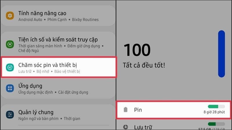 Vào Chăm sóc thiết bị > Pin