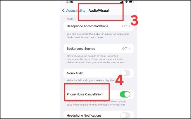 Vào mục Audio/Visual, nhấn chọn Phone Noise Cancellation