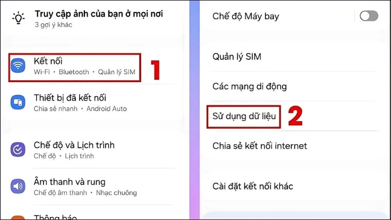 Chọn Kết nối > Chọn Mạng di động hoặc Sử dụng dữ liệu
