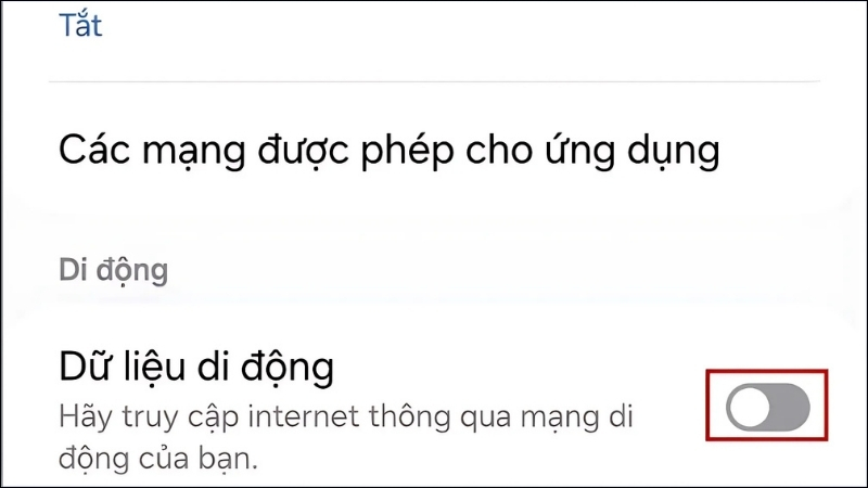  Bật/tắt công tắc Dữ liệu di động