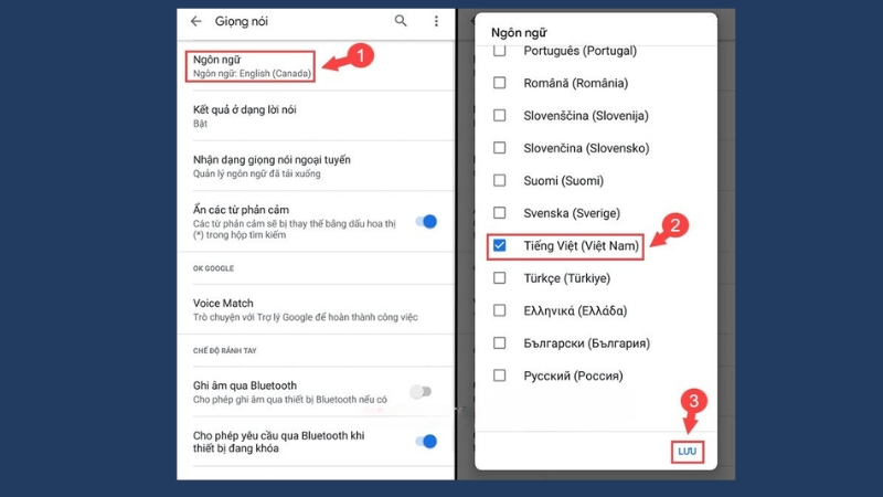 Chọn Ngôn ngữ là Tiếng Việt rồi nhấn Lưu