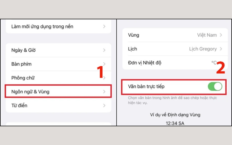 Gạt sang phải để bật thanh Live Text