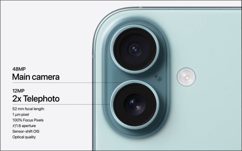 iPhone 16 và iPhone 16 Plus tiếp tục duy trì cụm camera chính 48MP và camera góc siêu rộng 12MP như trên các phiên bản tiền nhiệm