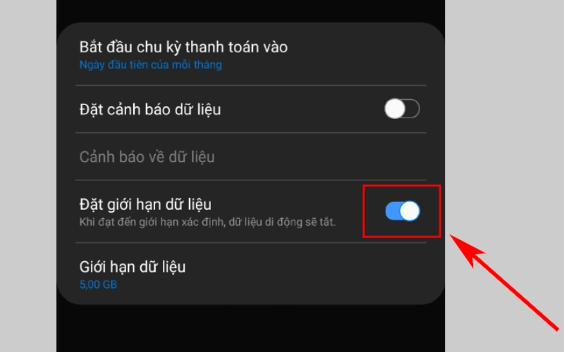 Tắt mục Đặt giới hạn dữ liệu