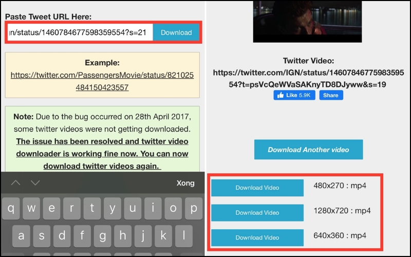 Dán đường link video Twitter (X) và nhấn Download