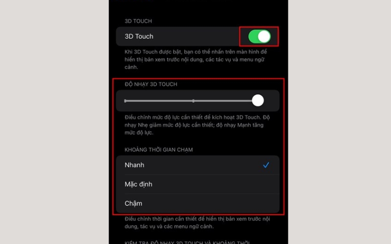 Bạn hãy điều chỉnh độ nhạy bằng cách kéo thanh 3D Touch Sensitivity