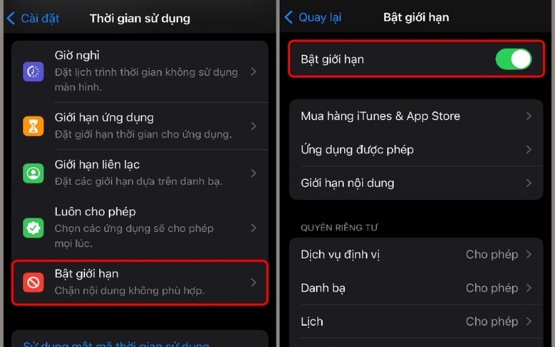 Bật giới hạn thời gian sử dụng bằng cách chọn Bật giới hạn