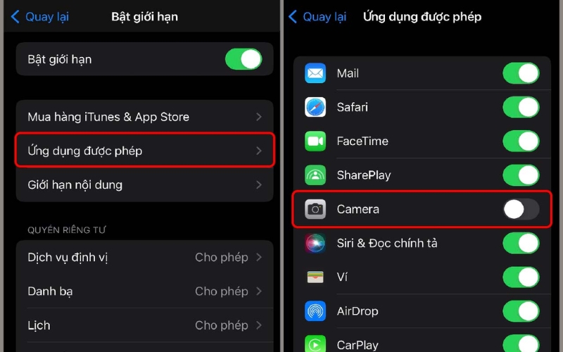 Sau đó tắt chức năng cho ứng dụng Camera