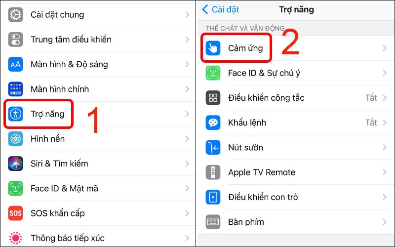 Chọn Trợ năng và nhấn vào mục Cảm ứng
