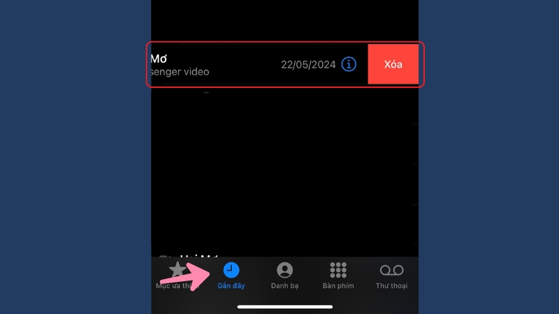 Chọn cuộc gọi Messenger bạn muốn xóa > Gạt sang trái > Xóa