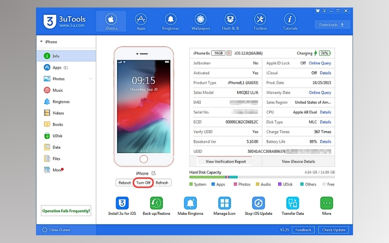 Cach tat nguon iPhone bang phan mem 3uTools