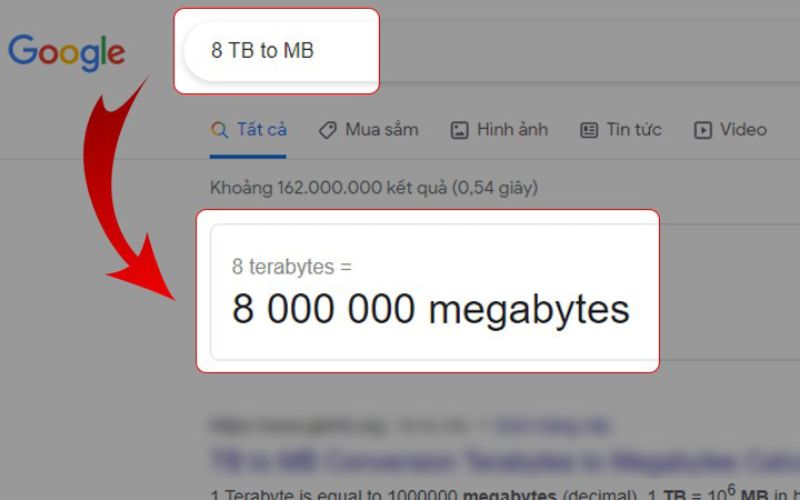 Bạn chỉ cần gõ vào thanh tìm kiếm của Google câu hỏi về việc đổi đơn vị TB sang các đơn vị khác