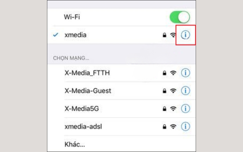 Nhấn vào biểu tượng chữ i bên cạnh mạng Wifi