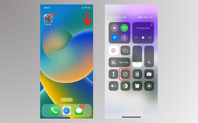 Vuốt cạnh trên góc phải màn hình để mở trung tâm điều khiển và nhấn giữ vào chế độ hẹn giờ
