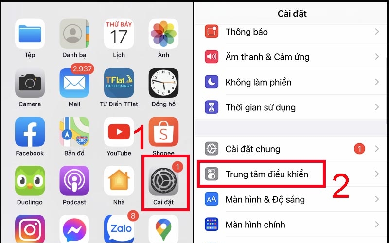 Mở Cài đặt trên iPhone và chọn Trung tâm điều khiển