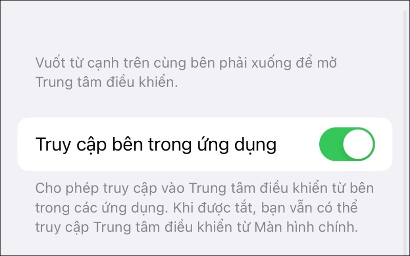 Bật mục Truy cập bên trong ứng dụng