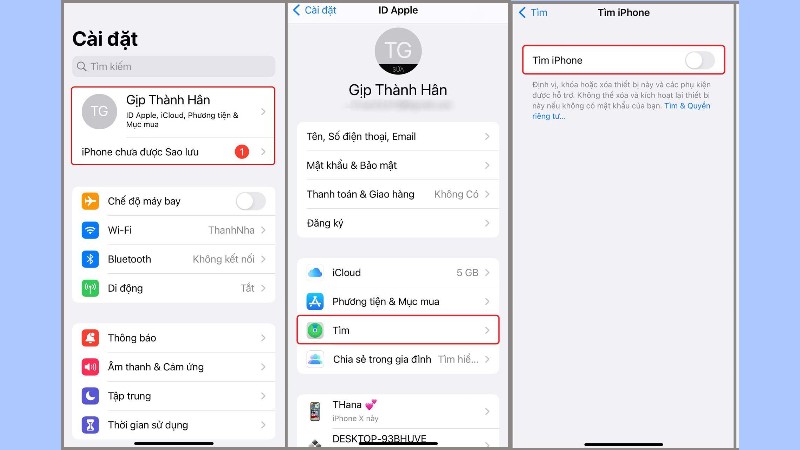  Chọn Tìm > Bật Tìm iPhone