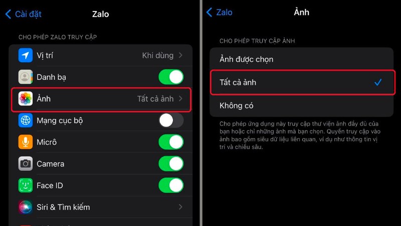 Chọn Tất cả ảnh để cấp quyền truy cập toàn bộ thư viện ảnh cho Zalo