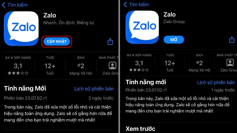Mở App Store, tìm kiếm ứng dụng Zalo. Nếu có bản cập nhật mới, hãy nhấn Cập nhật